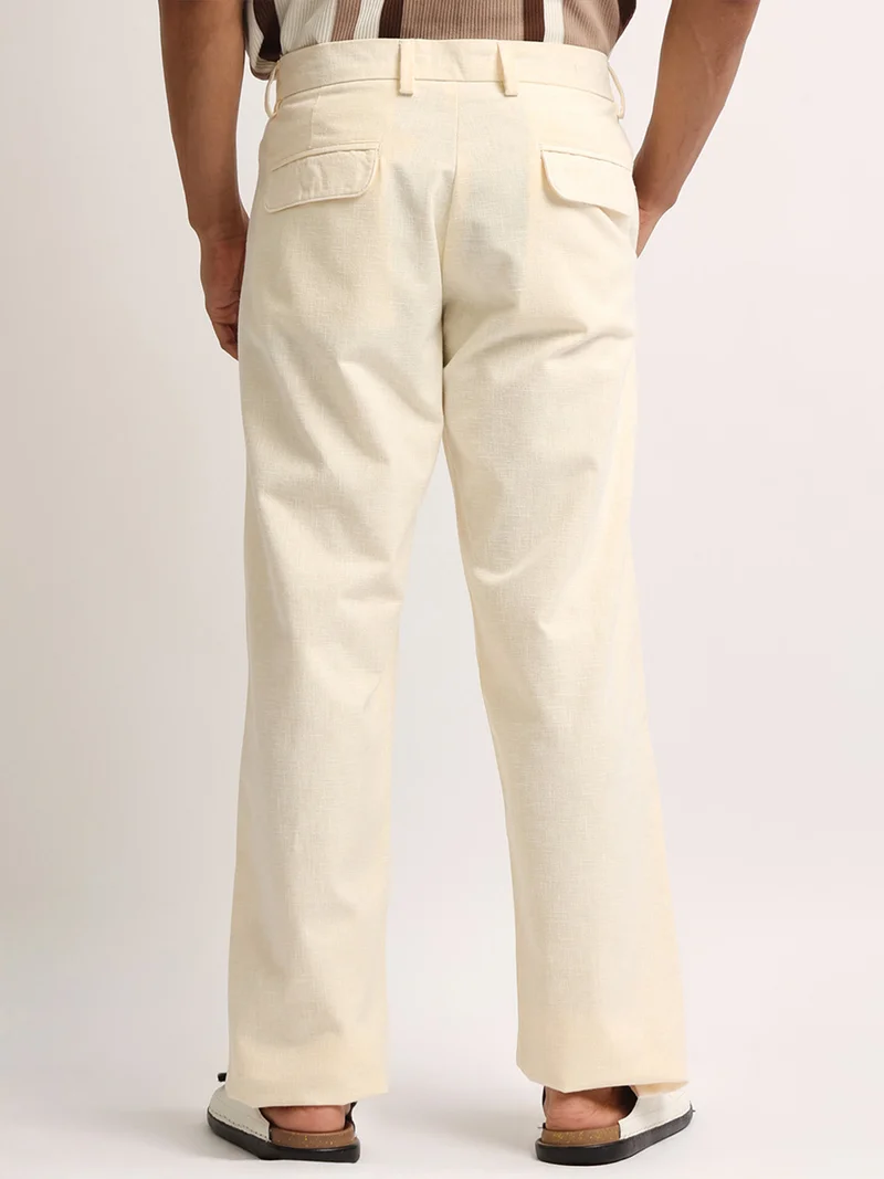 Maniac  Maniac Mens Solid Cream Turkish Linen Cotton Blend Trouser for Men | Best Price UAE